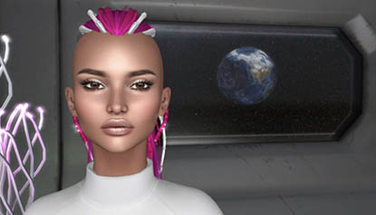 still from the Peacemaker Returns by Skawennati with a computer generated figure on a spaceship
