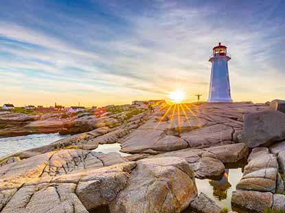 Scenic photo of Peggys Cove lighthouse in Nova Scotia
