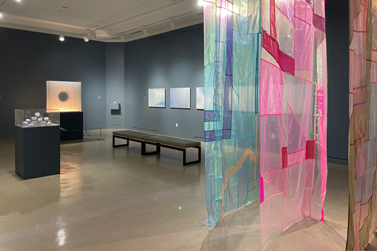 Installation view of 'Atmospheric Shifts' with work by David Spriggs, Lisa Hirmer, and Wally Dion (left to right)