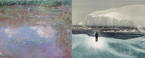 Images (left to right): Claude Monet, The Water Lily Ponds, 1903. David Blackwood, January Visit Home, 1975. AGO.